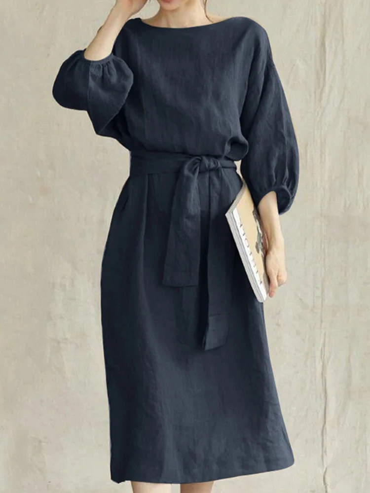 Элегантные женские свободные платья из хлопка и льна весеннее Новое однотонное