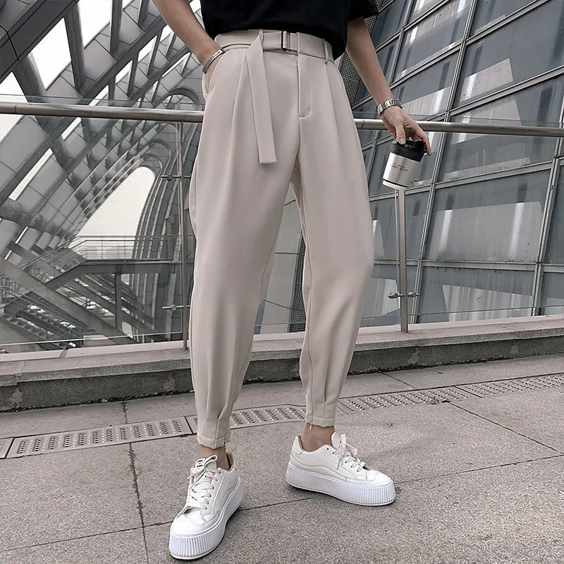 

Брюки-султанки мужские свободного покроя, приталенные повседневные штаны в винтажном Корейском стиле, однотонные модные классические простые брюки-султанки, черные, весна 2023