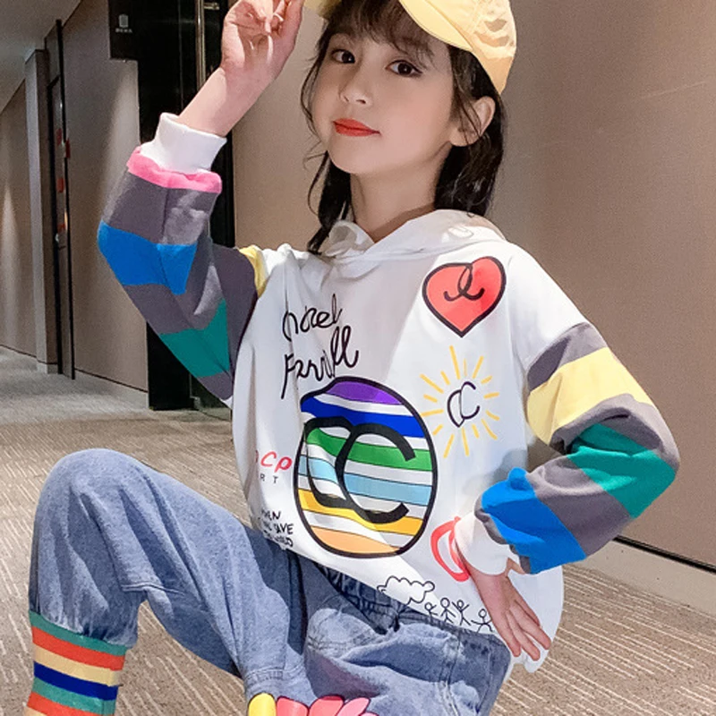 

2022 Autumn Cothes Korean Children'S Clothing Hooded Cartoon Sweater Denim Jeans 2Pcs Fashion Big Kids Girls' Suits 4-13Y