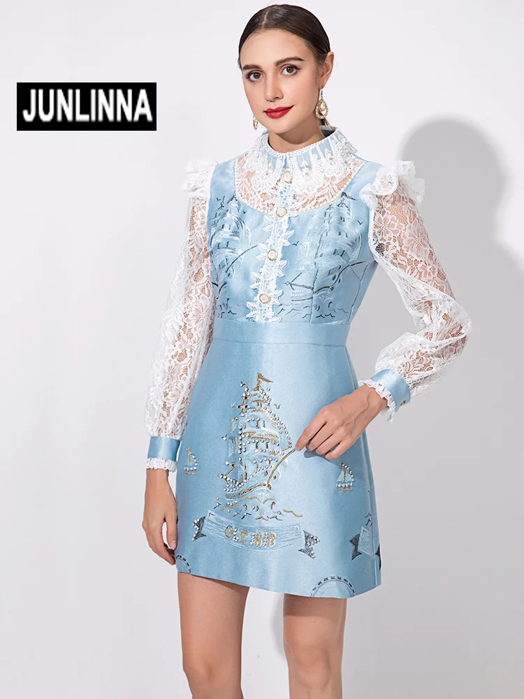 

JUNLINNA Jacquared Printed Beading Dress Spring Summer Women Turn-down Collar Long Sleeve Lace Patchwork Sliming Vestidos