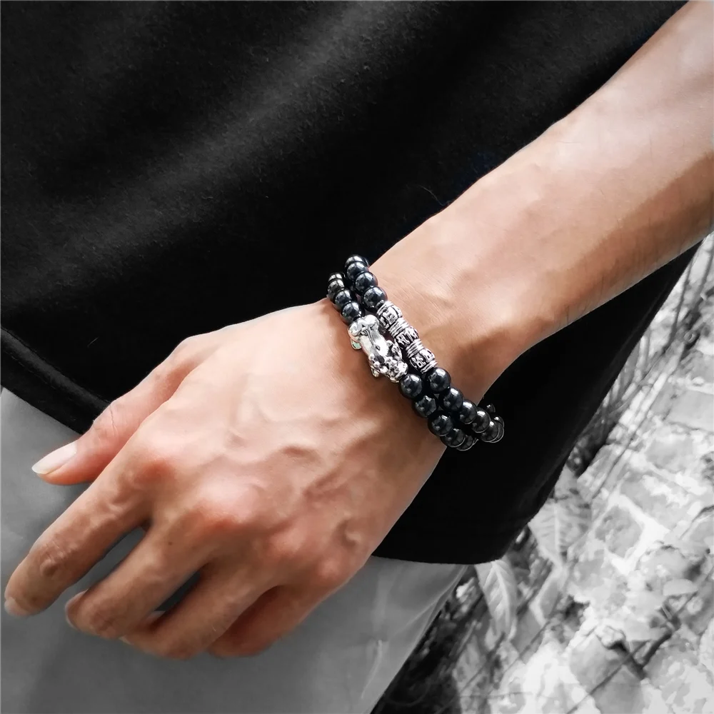 

Feng Shui Magnetic Hematite Stretch Beads Bracelet Men Women Unisex Wristband Pixiu Wealth and Good Luck Pi Yao Black Bracelet