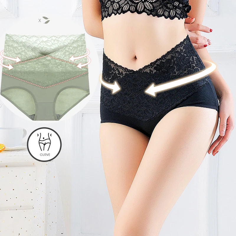 

Женские хлопковые трусики большого размера с высокой талией, кружевные трусики без следов, нижнее белье из чистого хлопка для подтяжки живо...