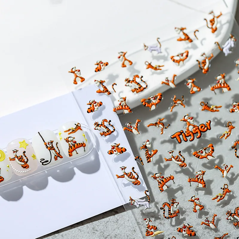 

2022 Trendy Cartoon Tigger Engraved 5D Nails Stickers Back Glue Nail Art Supplies for Women Kawaii Manicure Design Gel Decals