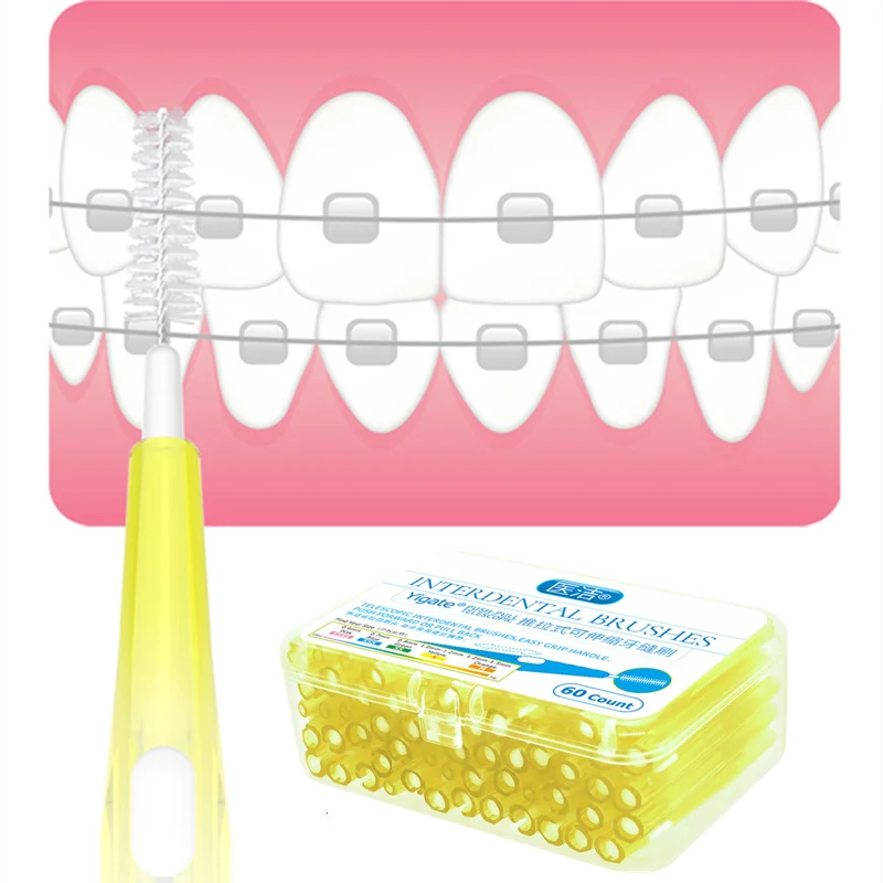 

60 Pcs/Box Push-Pull Interdental Brush Cleaners Dental Floss Gum Interdental Toothbrush Oral Hygiene Toothpick Tooth Gap Brush