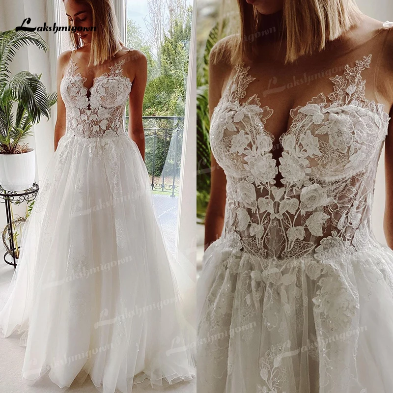 

A Line Wedding Dress Tank Sleeveless V Neck Lace Appliques Floral Backless Sweep Train Bridal Gown vestido de noiva lakshmigown