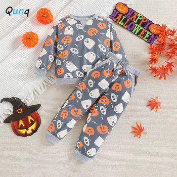 Qunq 2023 Autumn New Boy Halloween Costume Print Long Sleeve Pullover Top + Pants 2 Pieces Set Casual Kids Clothes Age 1T-3T 1