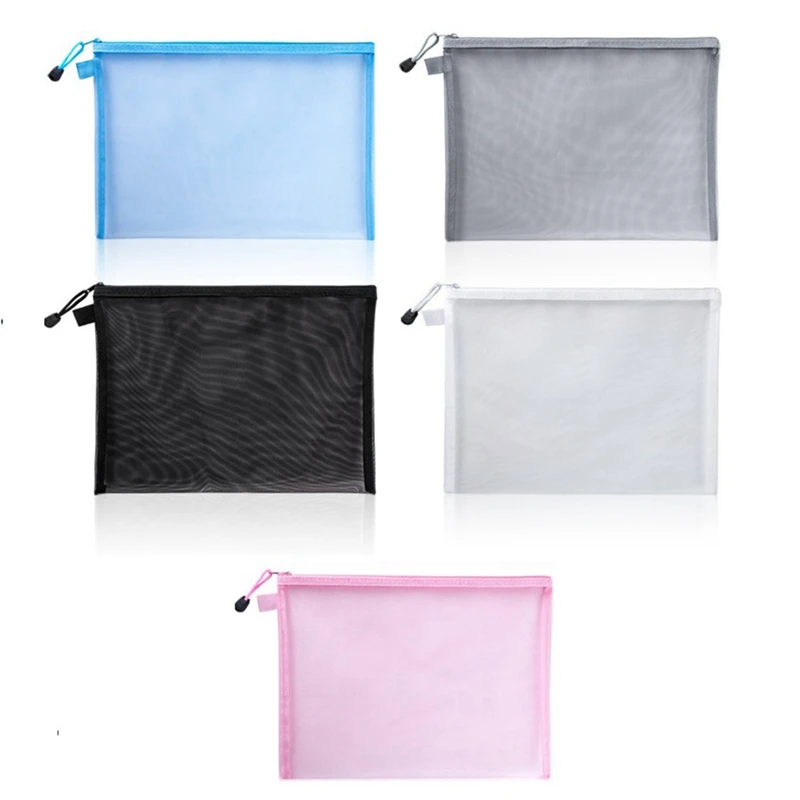 

5Pcs Mesh Zipper Pouch Clear Document Bag Book File Folders Stationery Pencil Case Storage Bags 5 Colors