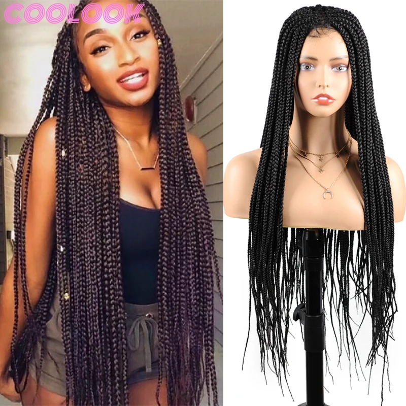 

30 Inch Long Box Braided Lace Front Wigs Synthetic Black Braids Lace Wigs for Women Ombre Brown Red Cosplay Wig Parrucca Donna