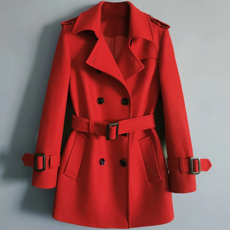 

Женское шерстяное пальто с поясом, однотонное двубортное Свободное пальто средней длины с отложным воротником и длинным рукавом, верхняя одежда для осени и зимы