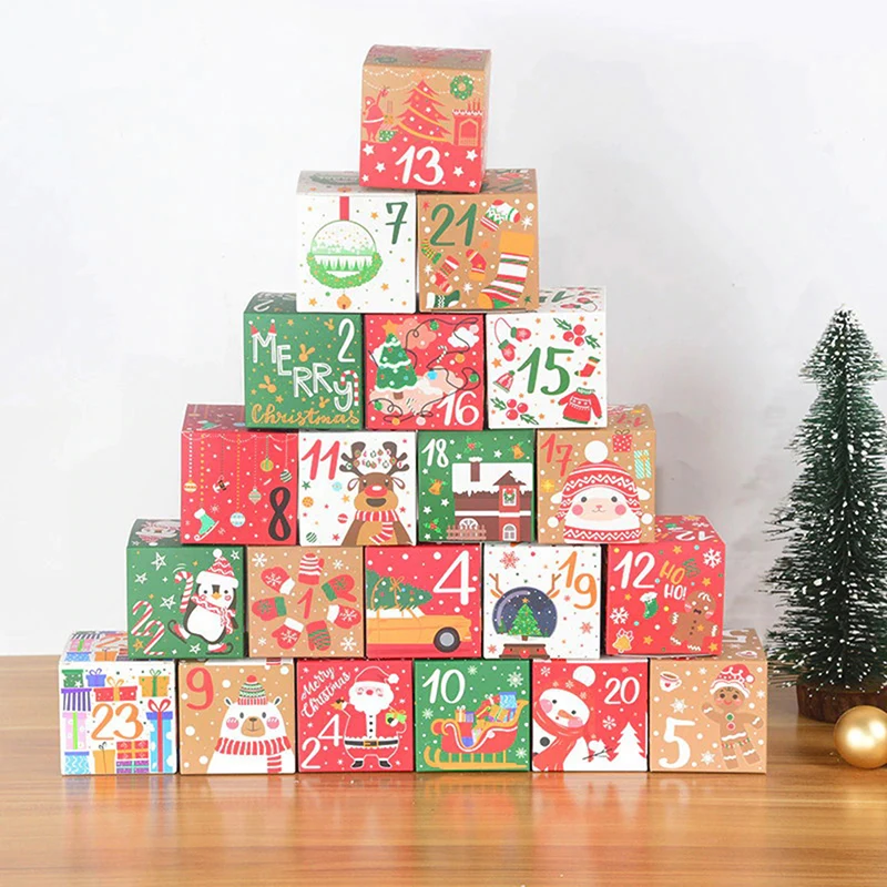 

24Pcs Christmas Advent Calendar Gift Box Kraft Paper Candy Cookies Box Decor