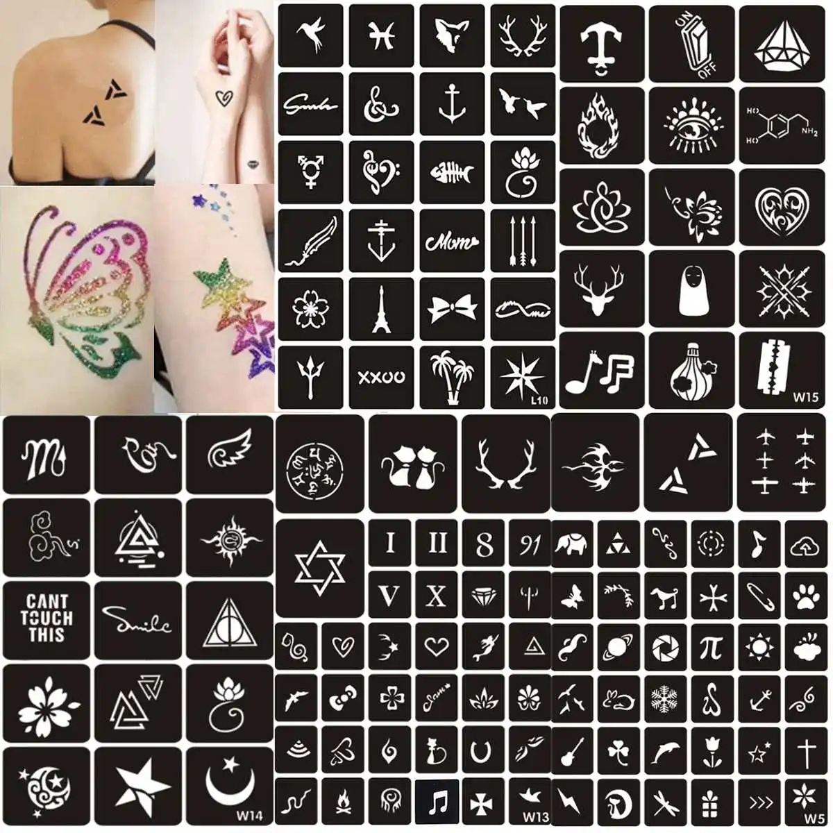 

144 Airbrush Glitter Tattoo Stencil Woman Girl Kids Drawing Template,Small Cute Flower Butterfly Cartoon Henna Tattoo Stencil