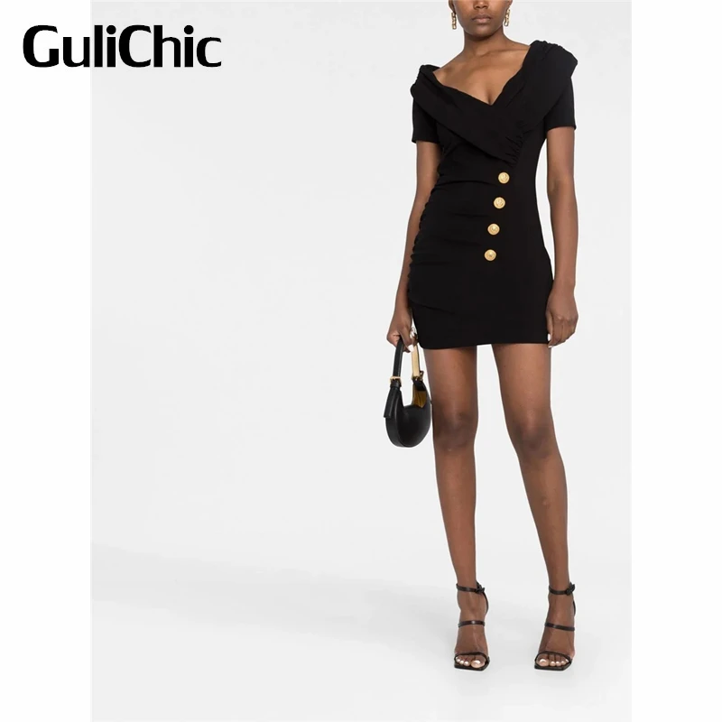 3.23 GuliChic Fashion Black Single Breasted Asymmetric V-Neck Pleated Design Back Zipper Slim Mini Dress Women