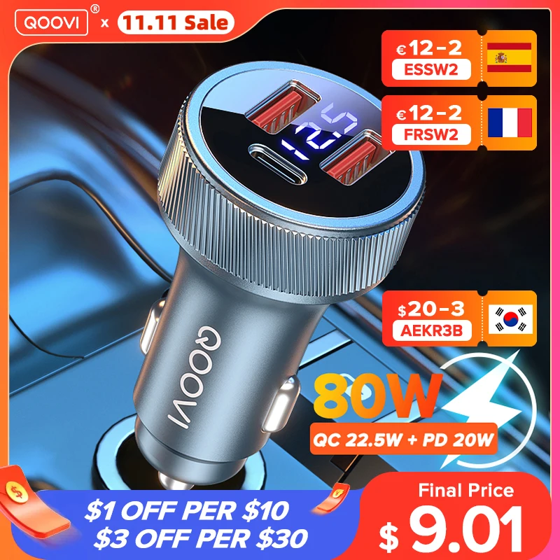 

QOOVI 80W Car Charger PD USB Type C Dual Port USB Phone Charger Fast Charging For iPhone 13 Xiaomi Samsung iPad Laptops Tablets