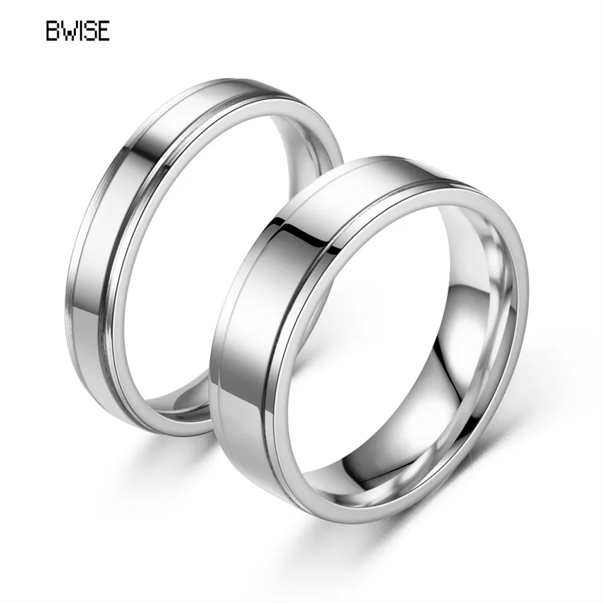 

BWISE Simple 4mm 6mm Men Stainless steel Ring Purple Finish bright Polished Edge Engagement Ring Men Wedding Band