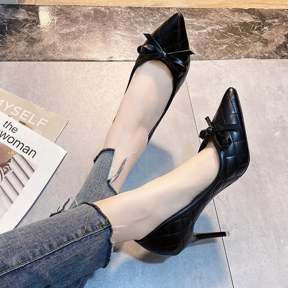 New All Matched Ladies Thin High Heel Pumps Sexy Pointed Toe Dress Shoes Plaid Design Butterfly Knot Bridal Shoes