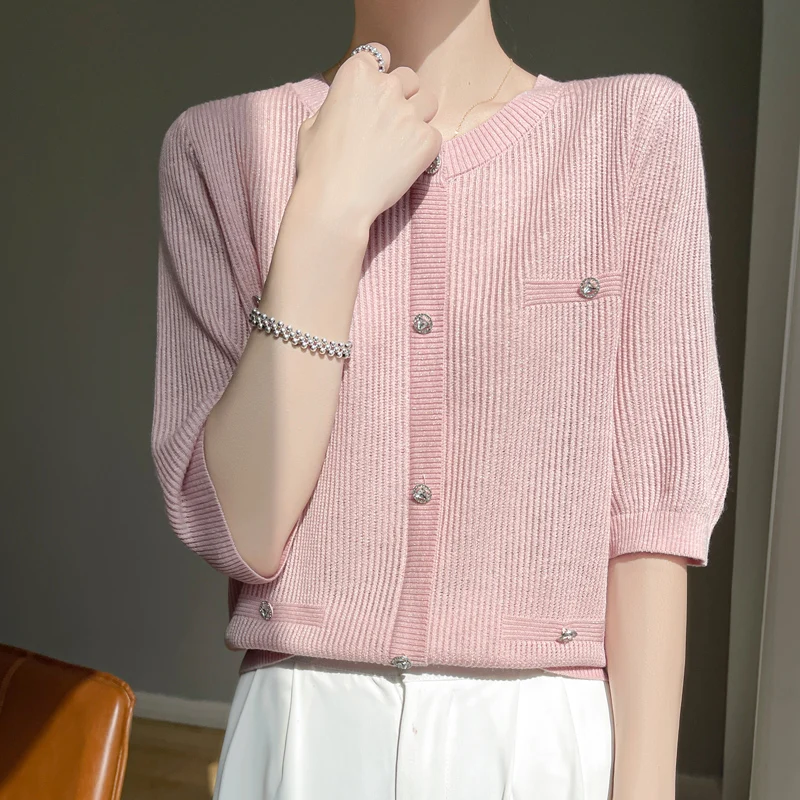 Высококачественный Женский свитер из шерсти с коротким рукавом и круглым