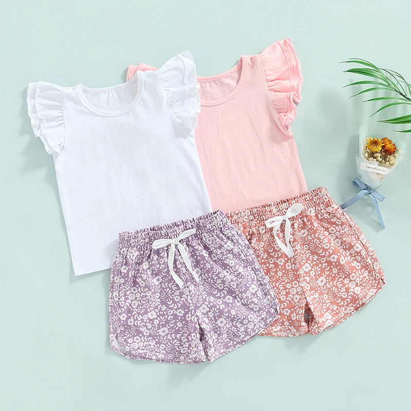 

Летний комплект из 2 предметов для девочек, Однотонная футболка с круглым вырезом и рукавами-летучими буквами, эластичные шорты на завязках ...