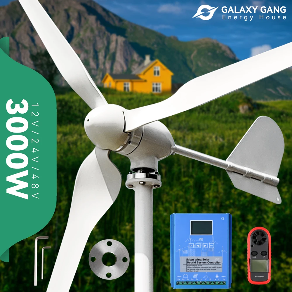 

3KW Wind Turbine Electric Dynam Hydro Generator 3000w 48v 12v 24v 3 Blades Small Homeuse Windmill With Mppt Charge Controller