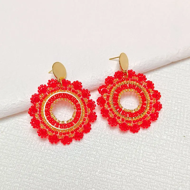 Серьги из рисовых бусин округлость оригинальность кружево с подсолнухом красный