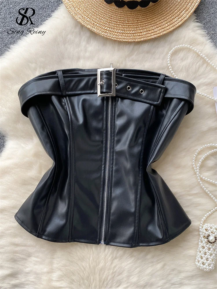 SINGREINY мини-топы из искусственной кожи без бретелек для женщин шикарная майка с