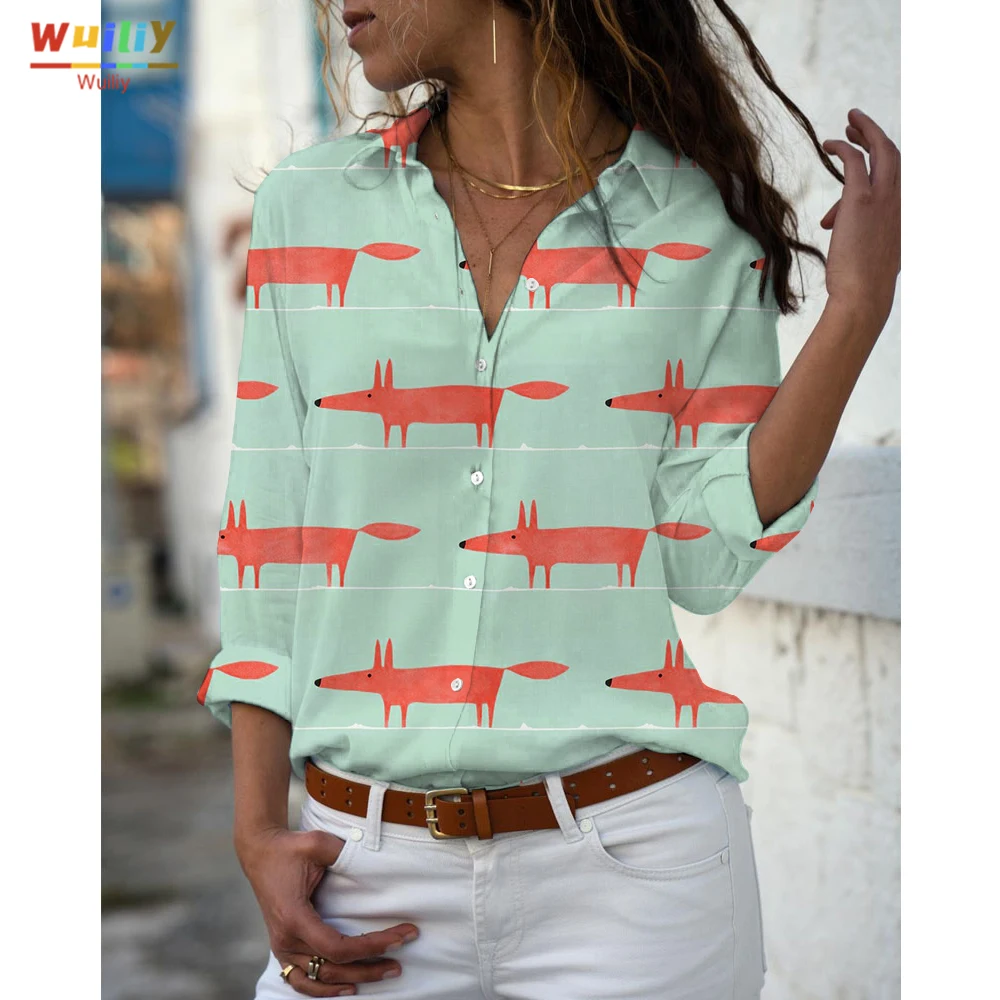 

Women's Fox Graphic Theme Blouse Shirt Button Lovely Animal Print T-Shirt Collar Casual Top Pattern Long Sleeves Clothes