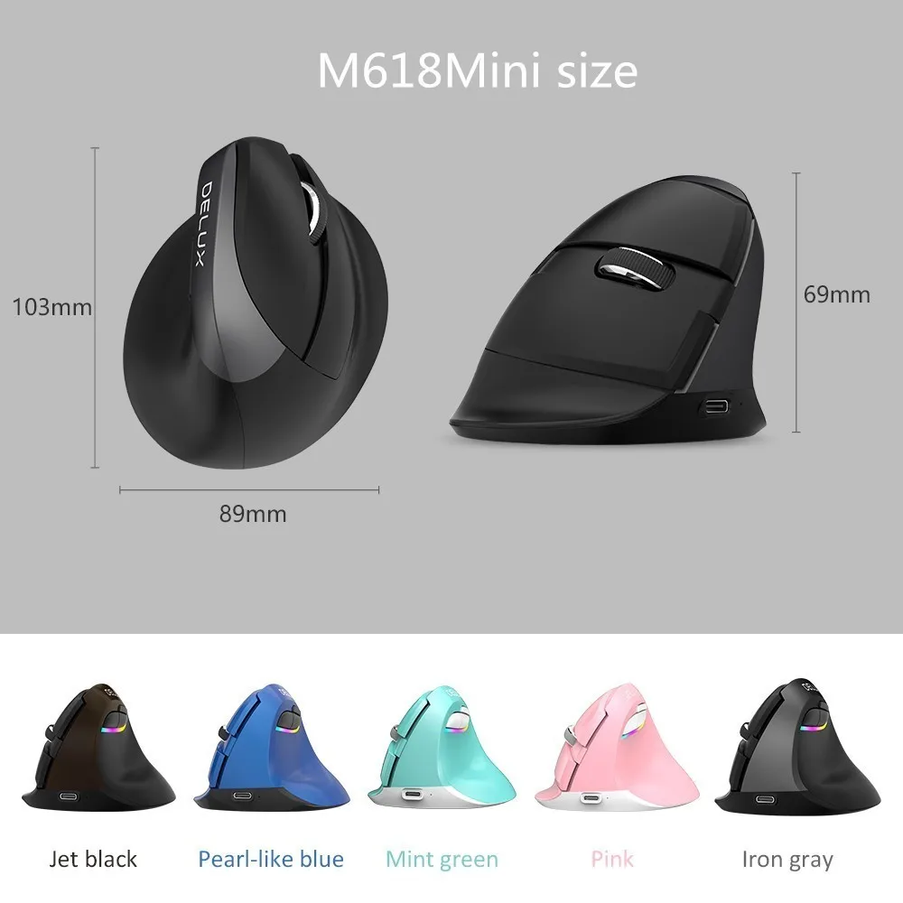 Delux M618 Mini BT+USB Wireless Mouse Silent Click RGB Ergonomic Rechargeable Vertical Computer Mice for Small hand Users enlarge