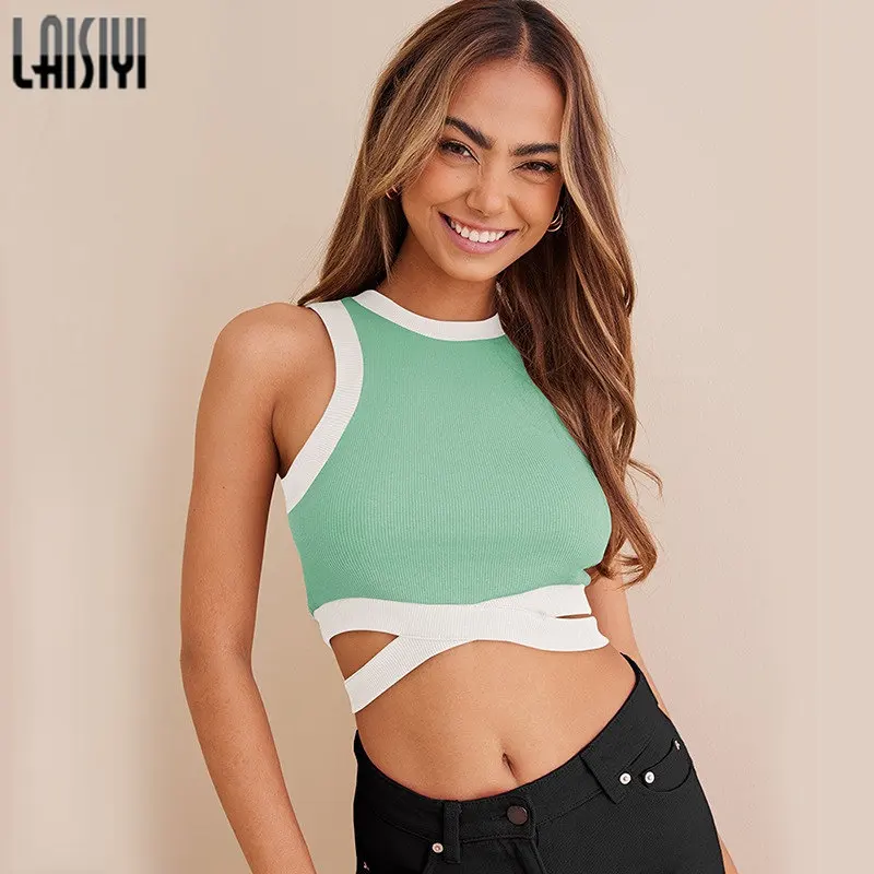 

Tank Top Knitted Crop Tops Woman Fashion Streetwear Camisole Summer Color Patchwork O Neck Sleeveless Wrap Top Knit Wear Y2k Top