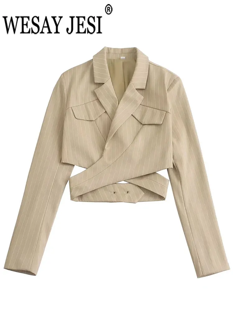 

WESAY JESI Popular Solid Color Fashion Trend Show Waist Long Sleeve Lady Short Jacket Daily Casual Cross Collar Short Women Top