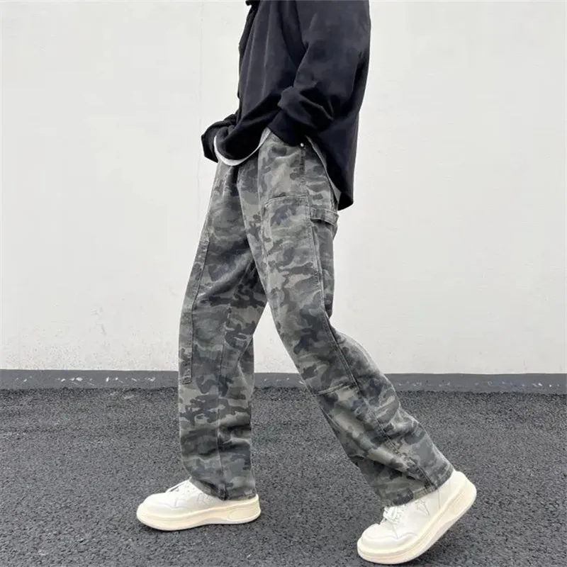 Джинсы-карго мужские камуфляжные прямые штаны свободные брюки с пуговицами и