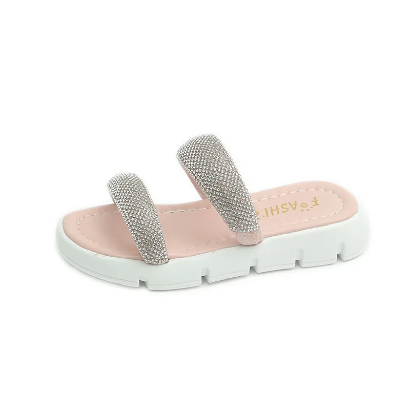 

Girls' Rhinestone Sandals 2022 Summer New Princess Outdoor Open-toe One-word Slippers Korean Versatile Shine Simple Casual Flats