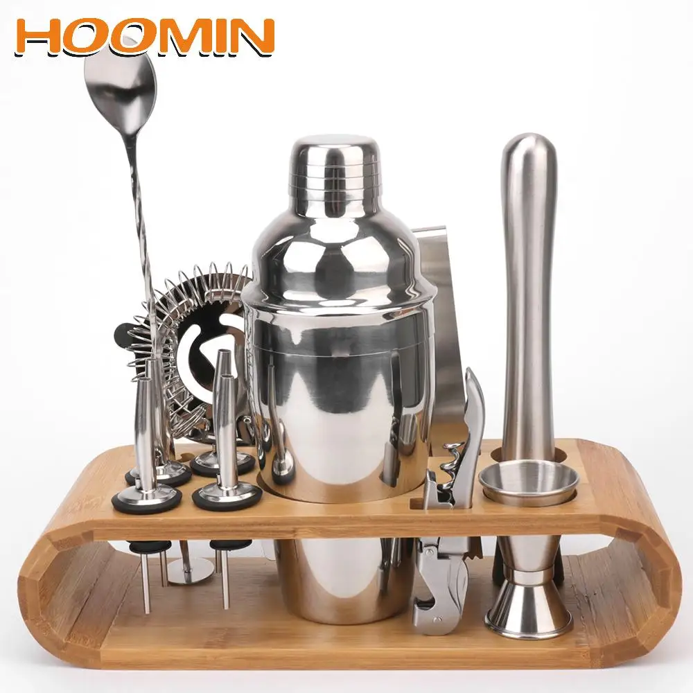 

HOOMIN Bars Mixed Drinks Wood Storage Stand Barware Mocktail Tools Bartender Tools Cocktail Shaker Set Jigger Mixing Spoon Tong