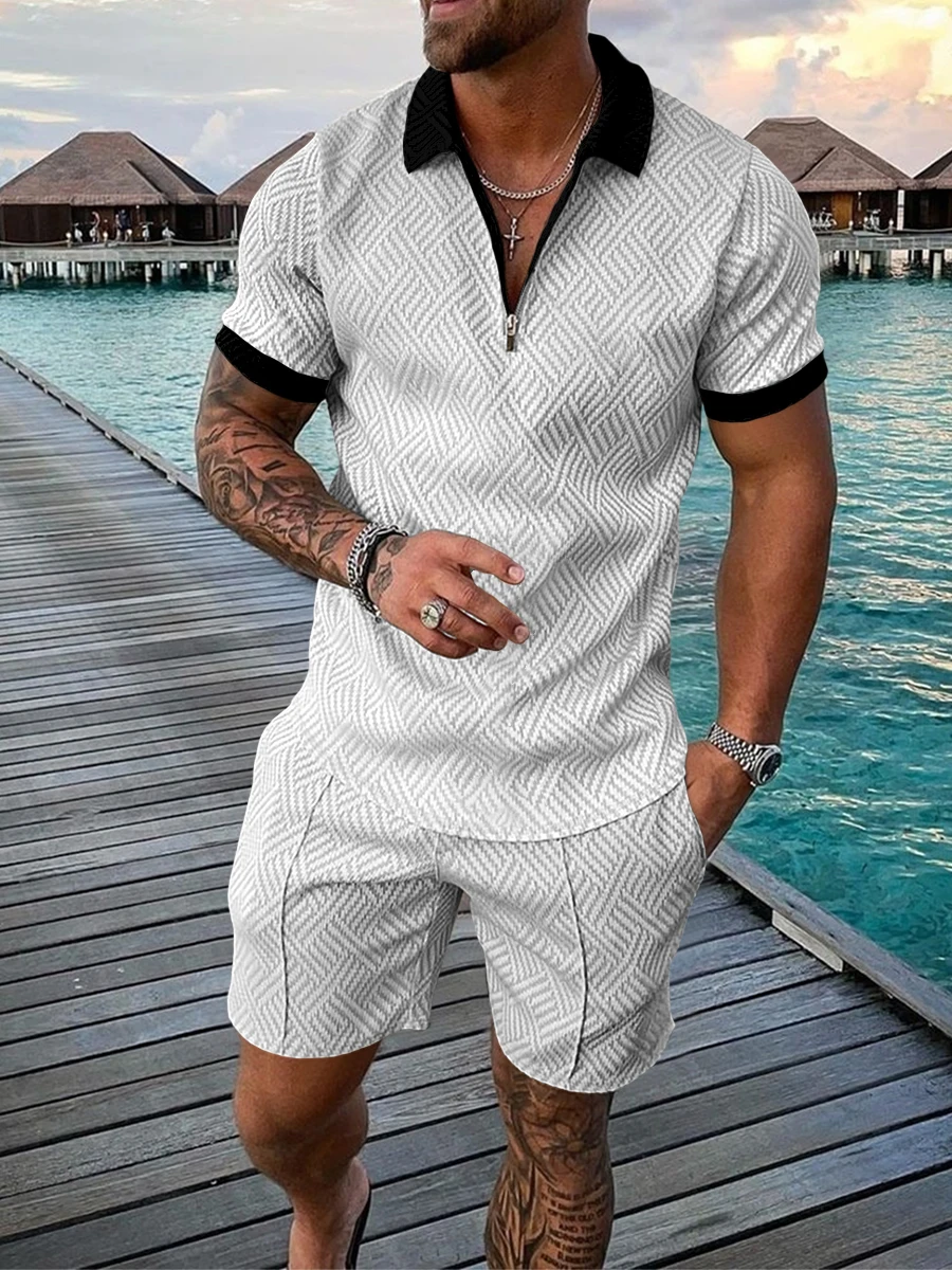 Men's Tracksuit Cotton Solid Color Short Sleeve Zipper Polo Shirt&Shorts Set for Men Casual Streetwear 2-piece Suit 2023 Summer