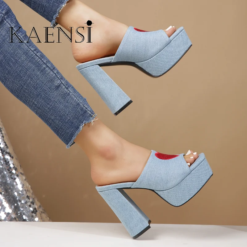 Womens Shoe Fashion Summer  Slippers Open Toe Chunky Block Super High Heels Platform Modern Slides Party Date Heart Shoes Ladies
