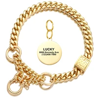 15mm gold color dog chain collar metal martingale choke with design secure buckle cuban link strong chew with personalized tag