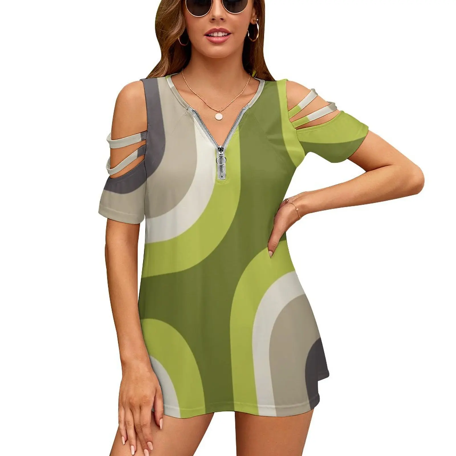 

Квадратно-зеленые женские пикантные винтажные футболки с принтом на молнии среднего века, топы, футболка с полным принтом среднего века, со...