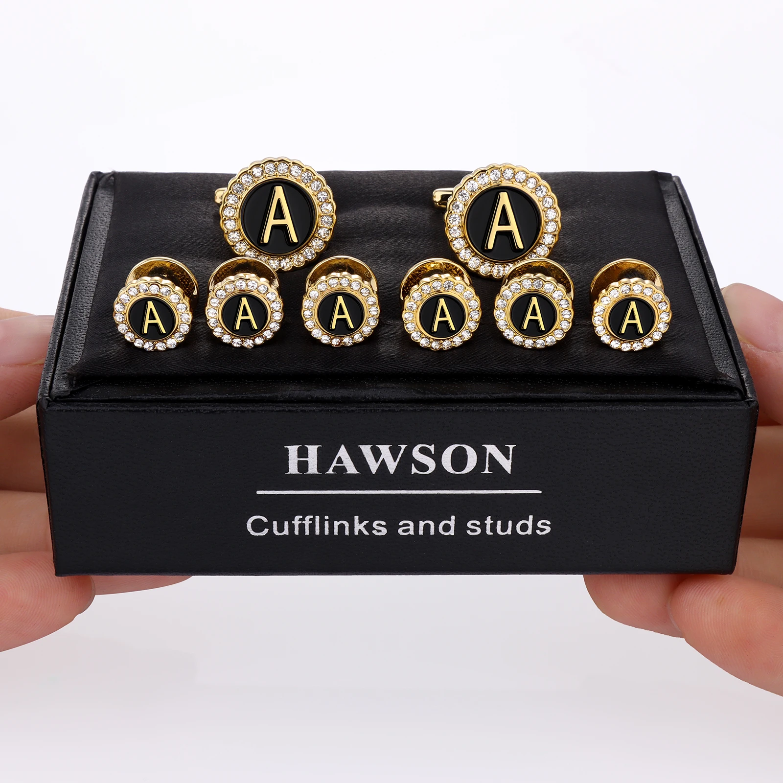 HAWSON Men's Personalized Letter Crystal Cufflinks with Tuxedo Studs Set,  For French Cuff Shirts with Gift Boxed，Gift for him