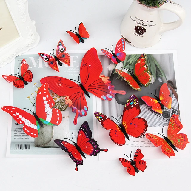 12Pcs Butterfly Stickers 3D Color Wall Stickers for Home Decor Pink Blue Stickers for Tile Window Diy Wall Art Magnet Stickers 3