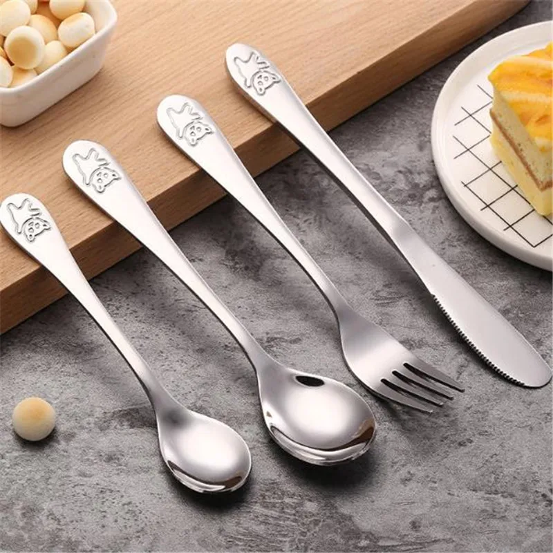 

Hot 1Pcs Baby Dishes Stainless Steel Teaspoon Spoon Fork Knife Utensils Set Baby Kids Learning Eating Habit Children Tableware