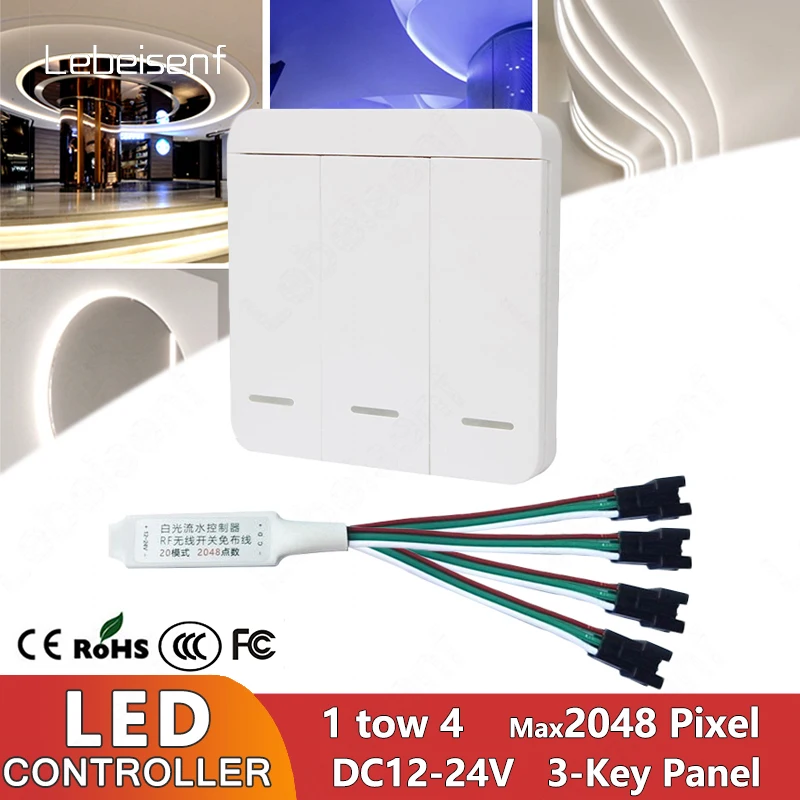 

1 tow 4 LED White Flow Strip Controller 2048 Pixel with RF 3 Key Wireless Panel Switch for 12V 24V 2811 Single Color Light Bar