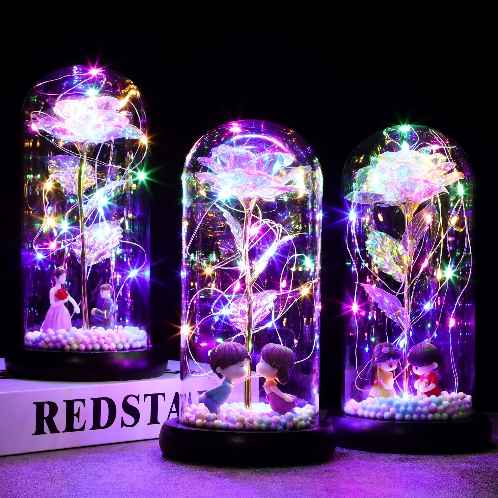 

24K Gold Foil Artificial Flower Beauty The Beast In LED Glass Dome Forever Red Rose Valentine Mother's Day Special Romantic Gift