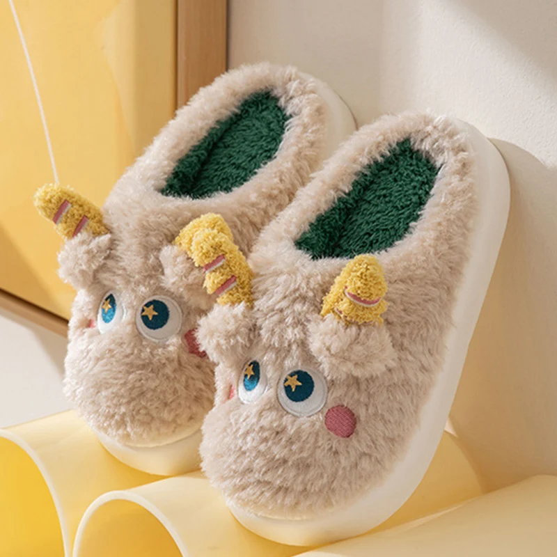 

Cute Little Monster Women Home Fur Slippers Warm Plush Couples Cotton Shoes Non-Slip Indoor Thick Sole Fluffy Slides