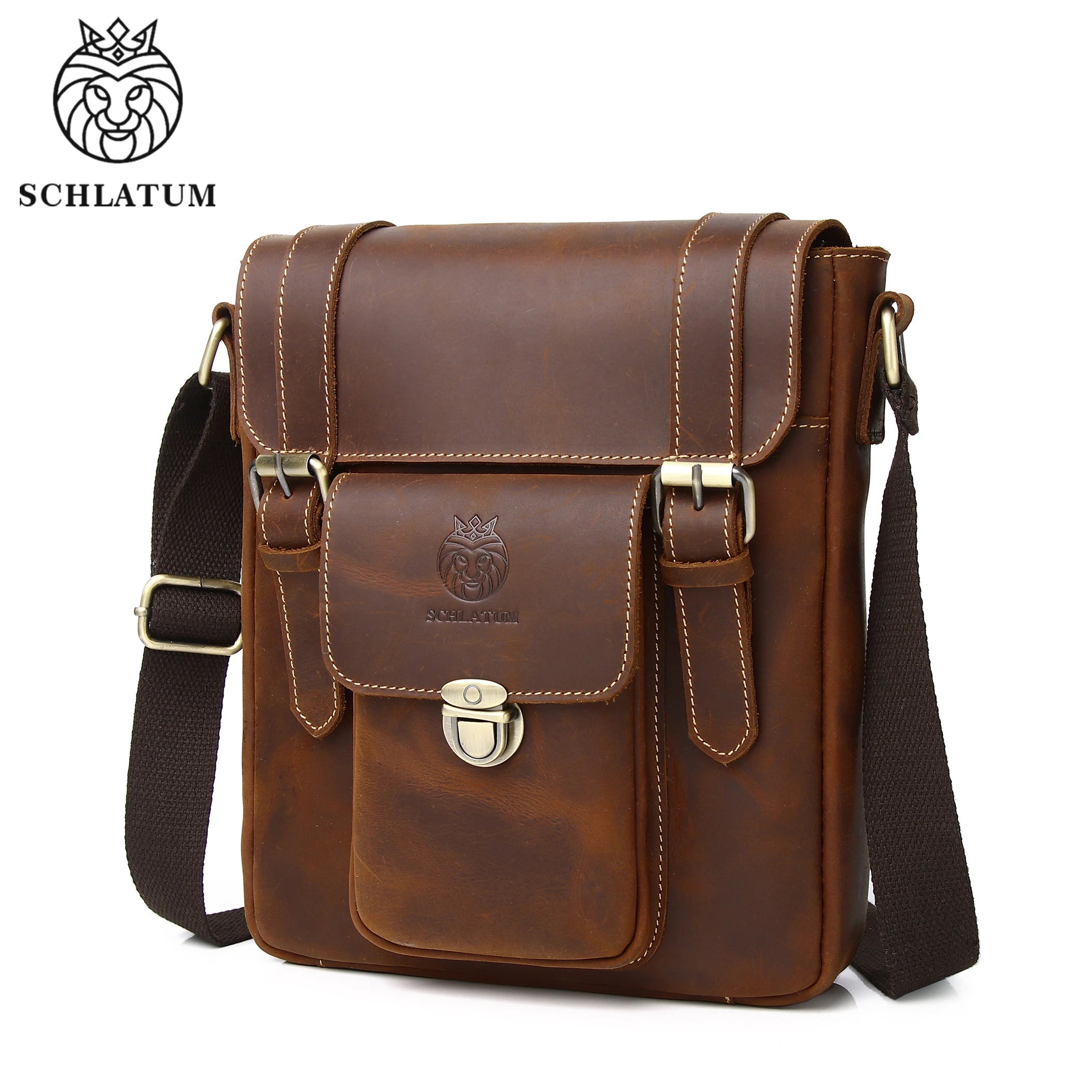 SCHLATUM Crazy Horse Genuine Leather Male Messenger Bags Vintage Brown Crossbody Bag Quality Fashion Shoulder Bag for Men