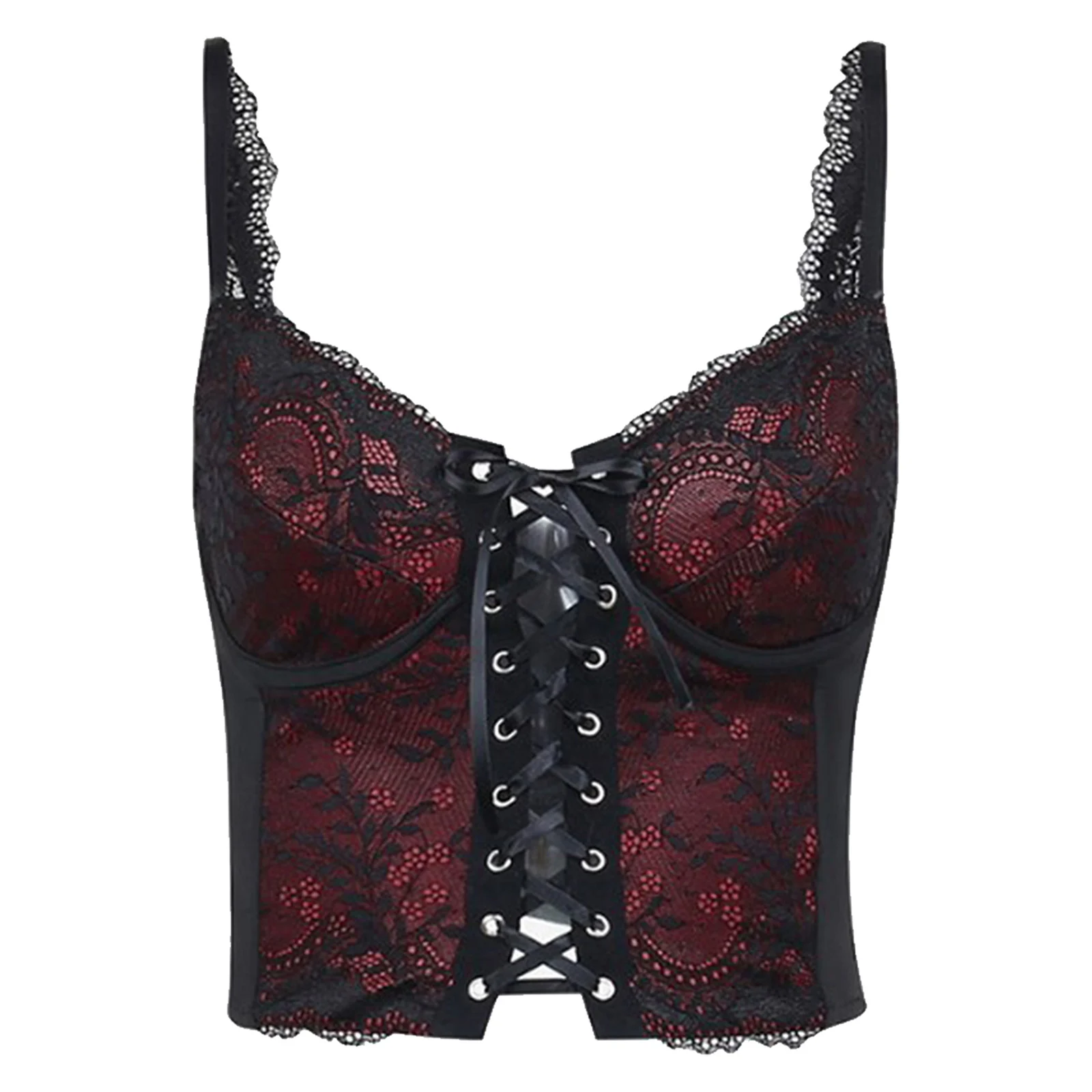 

Women Gothic Floral Lace Patchwork Camisole Stylish Hollow Out Lace-up Crop Top Adjustable Straps Sleeveless Slim Fit Vest Tops