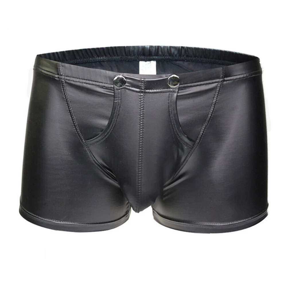 

Mens Sexy Faux Leather Wet Look Nightclub Underwear Boxer Brief Shorts Pants Removeable Bugle Pouch Underpants Mens Boxers
