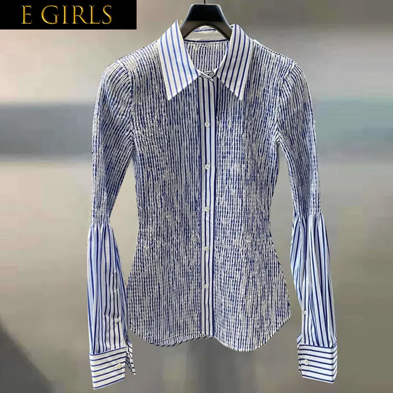 

J GIRLS 2022 Autumn New Arrivals Long Sleeve Turn Down Collar Blue Striped Slim Stretch Shirt Women GF972