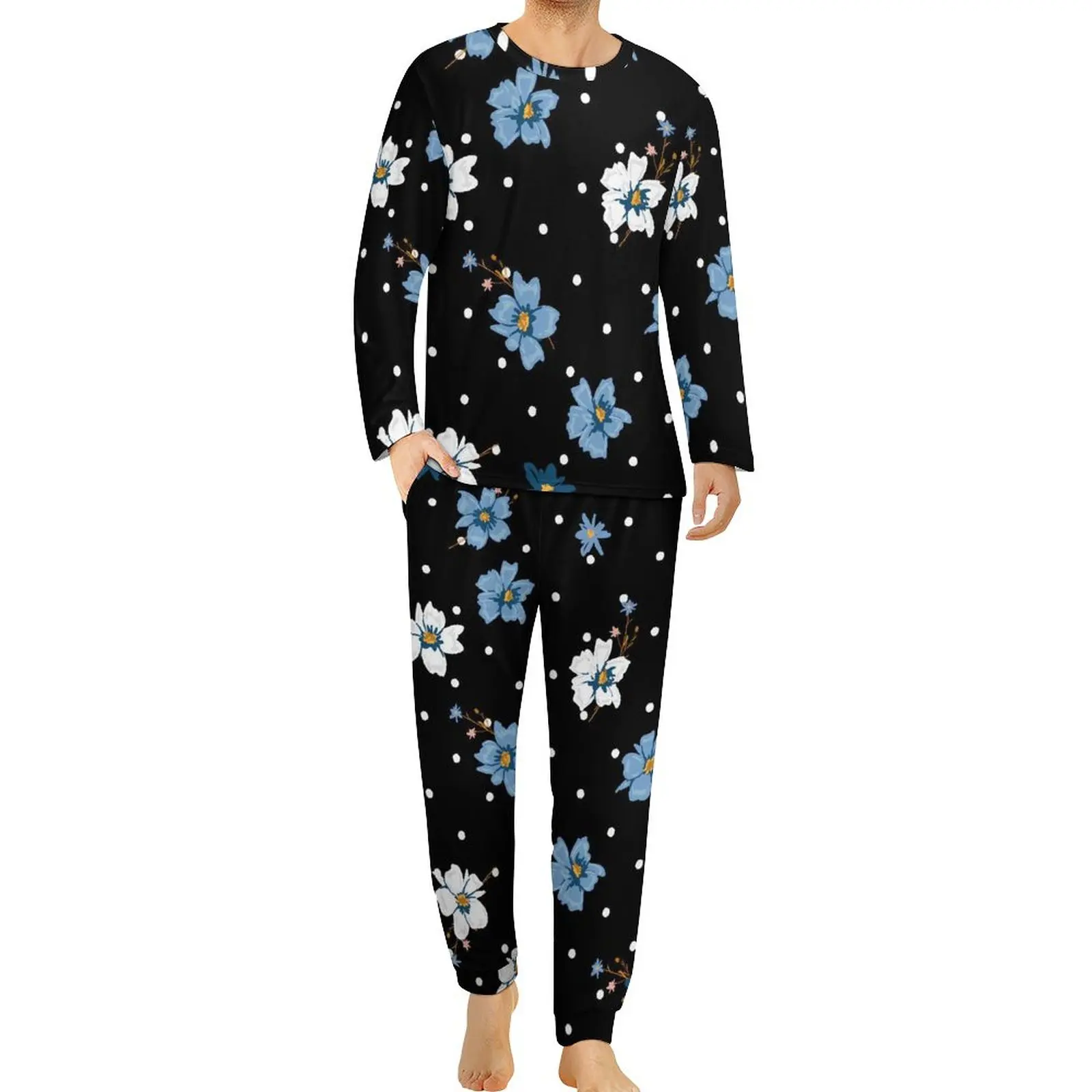 

Blue White Daisies Pajamas Polka Dots Floral Pirnt Bedroom Home Suit 2 Piece Graphic Long Sleeve Trendy Oversize Pajamas Set