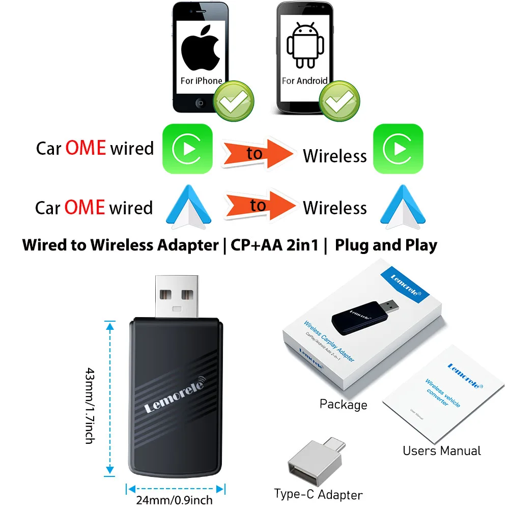 

Lemorele 2 в 1, автомобильный провод Ai Box для беспроводного адаптера Carplay Android, автомобильные аксессуары, ключ Plug & Play Auto Connect