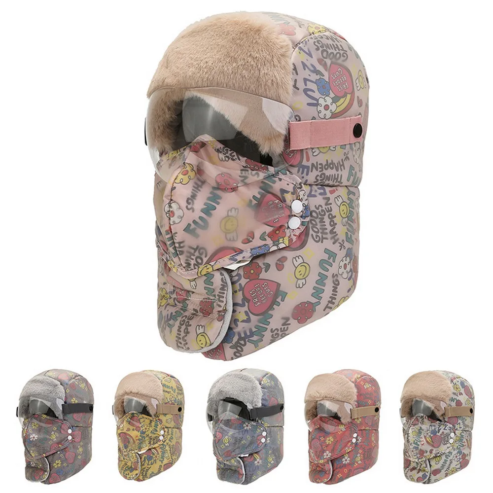 

Winter Bomber Hats Women Warm Earflap Caps For Women Acrylic 56-58cm Decorative Lenses Graffiti Design Pattern Head Protection