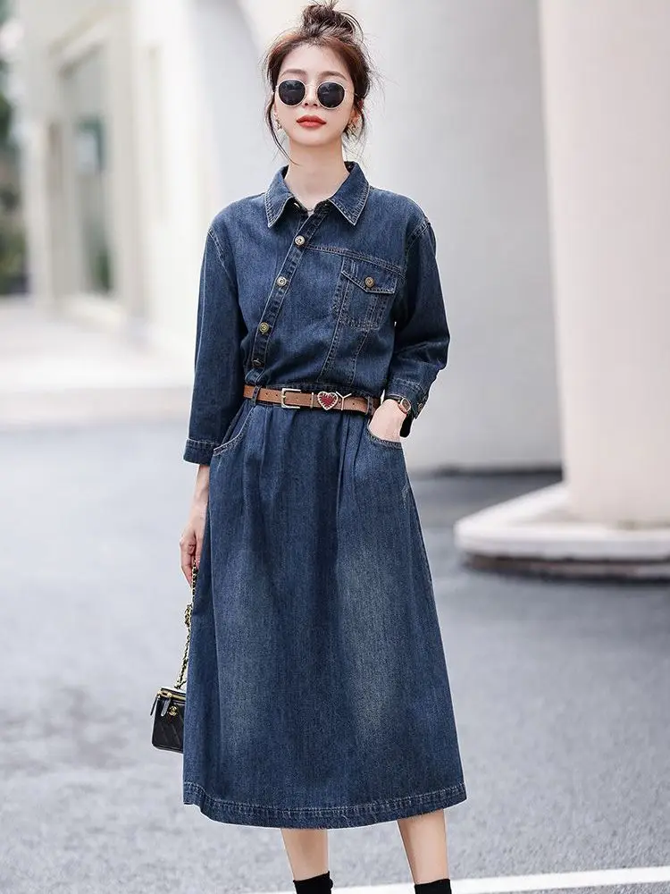 

Blue Denim Dress Women's Autumn 2022 New Retro High-quality Temperament Nine-point Sleeve Knee-length Turn-down Collar Dress