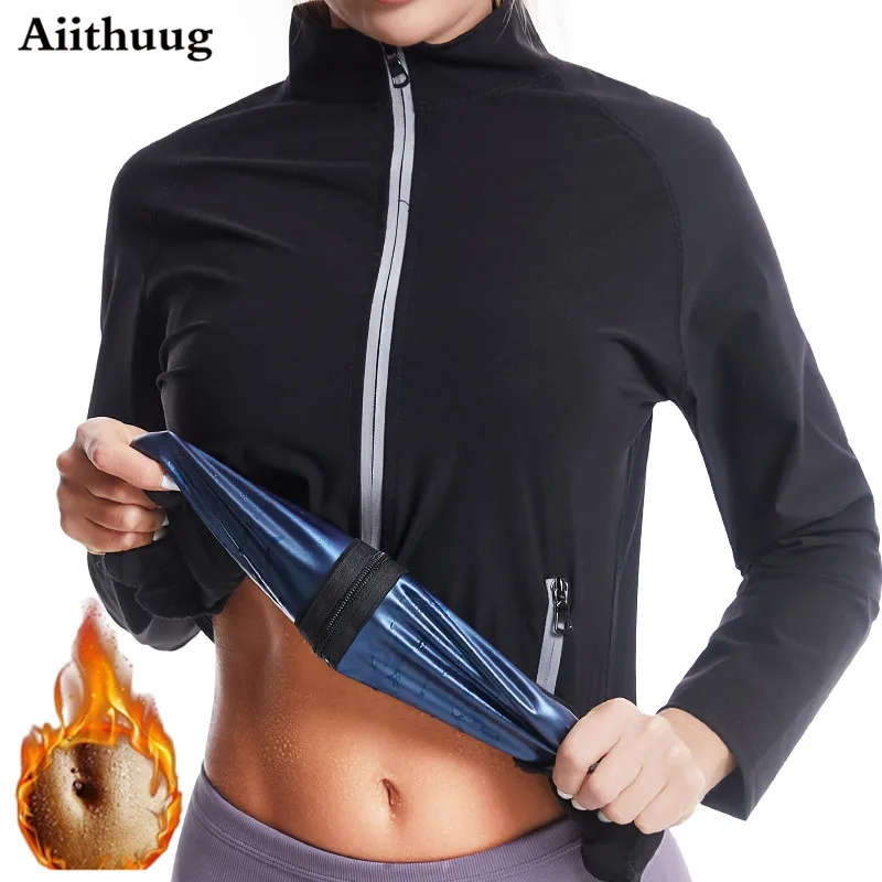 Aiithuug Sauna Sweat Jacket Waist Trainer Jacket Hot Sweat Shirt Weight Loss Sauna Suit Workout Body Shaper Top with Side Pocket